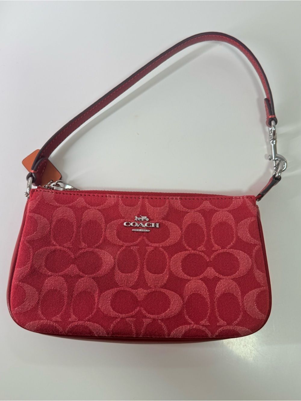 COACH Nolita 19 Red Signature Jacquard Wristlet with Leather Strap